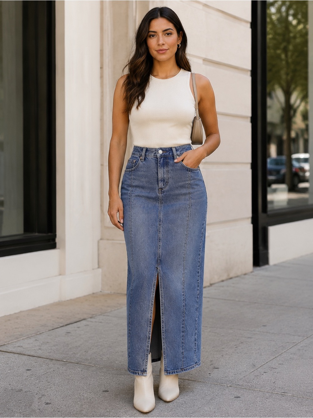 Daily Blue Denim Lynn Column Maxi Skirt Size 24 A-Line Slit Panel premium denim